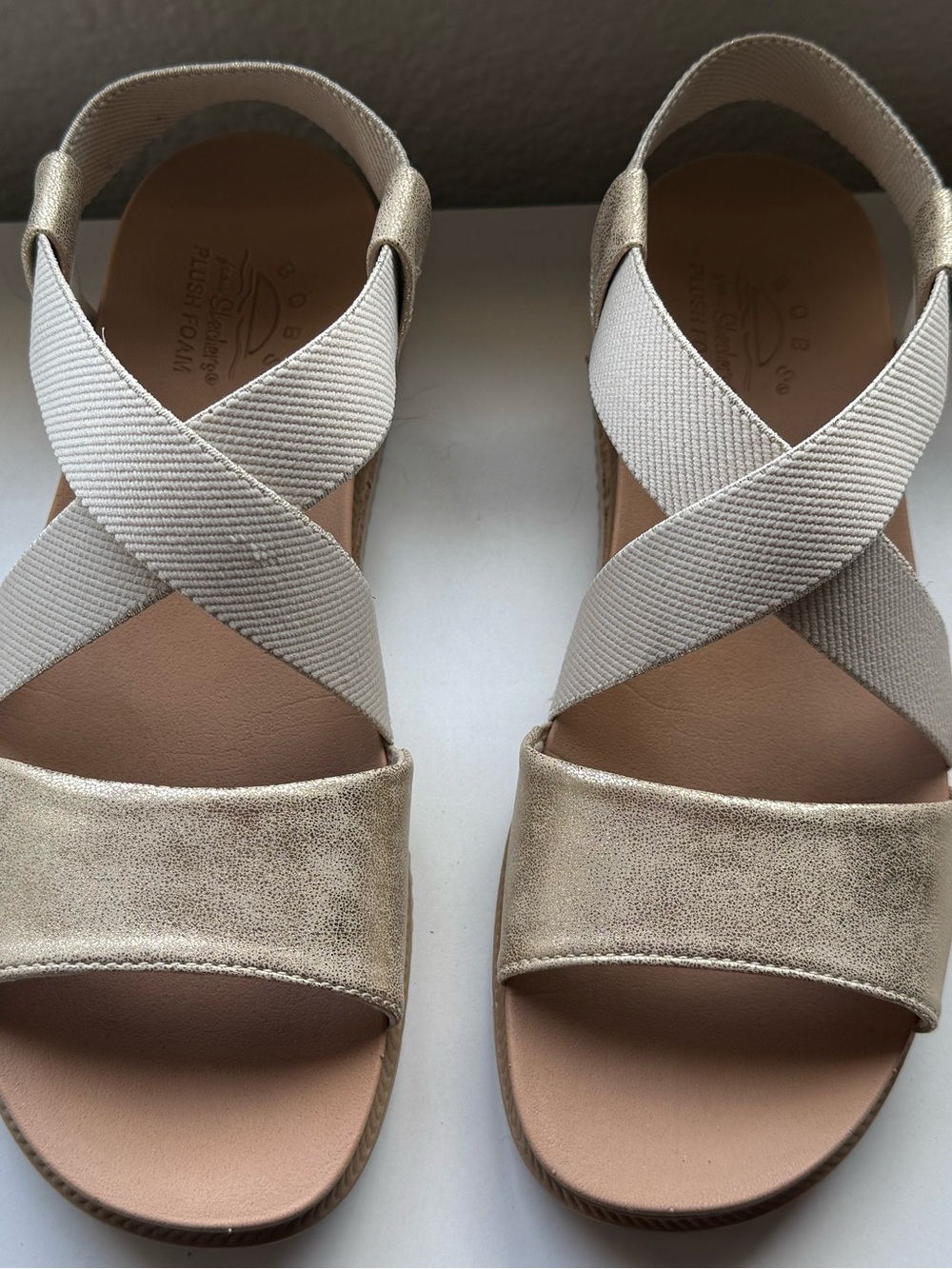 BOBS from Skechers Gold and Cream Crisscross Elastic Sandals - Picture 1 of 3